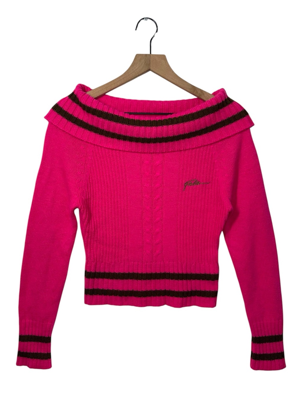 Vintage Fubu Cable Knit Sweater Off the Shoulder Striped Y2K Preppy Academia